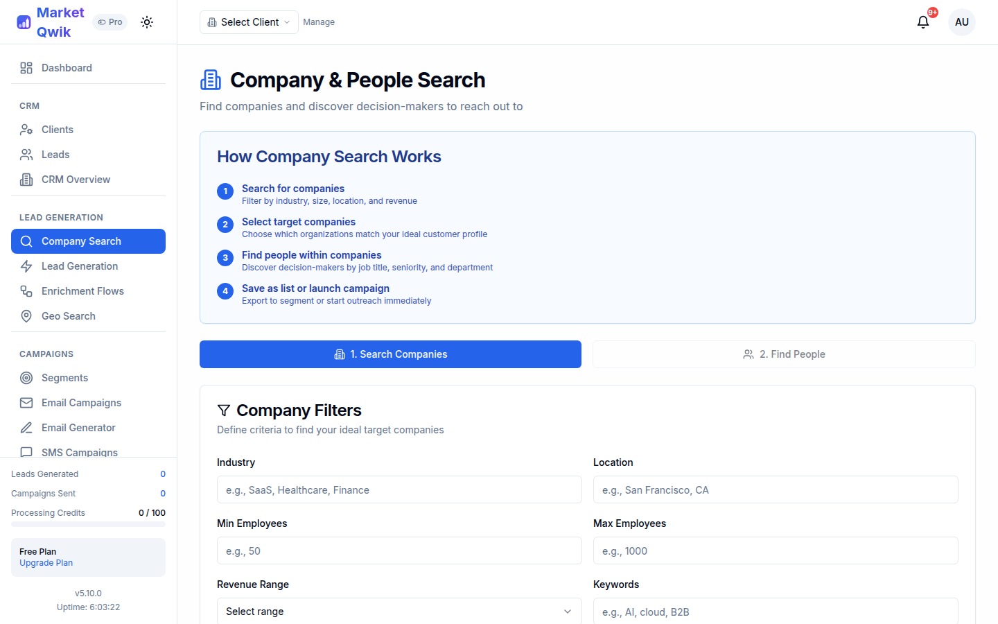 Company and People Search with industry, location, and employee filters
