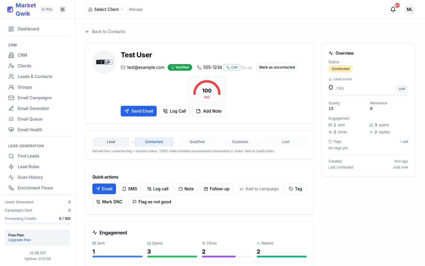 Contact profile showing the engagement gauge (Hot/Engaged/Warm/Cold), click-to-call, and opens/clicks/replies activity