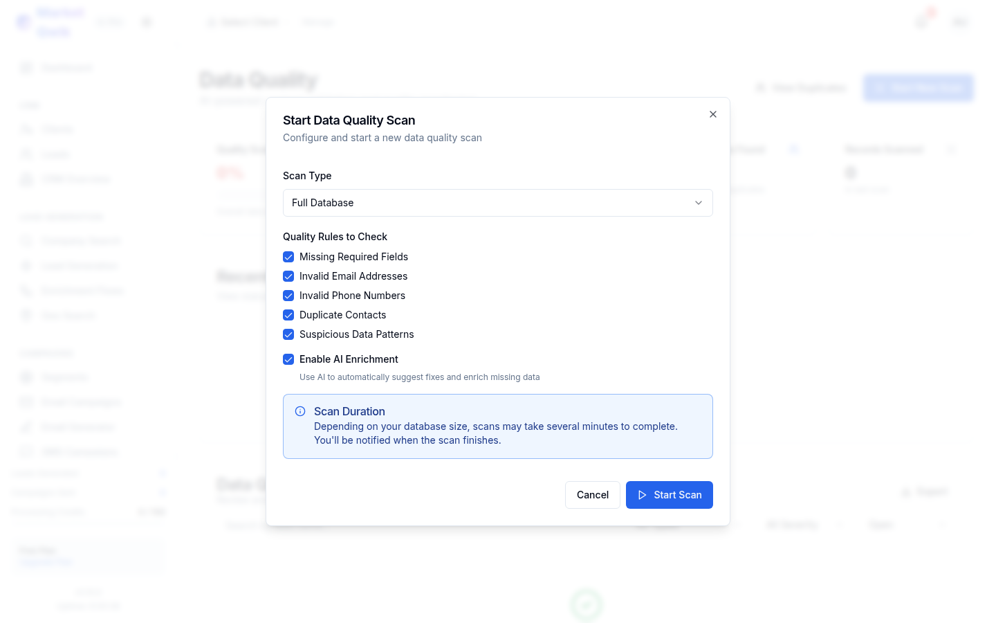 Data Quality scan dialog with AI enrichment, email validation, duplicate detection