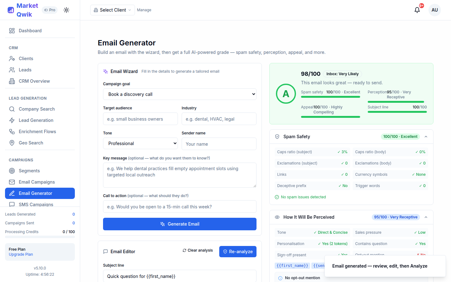 Email grading panel showing A-F score, spam safety, perception, appeal, and readability sections