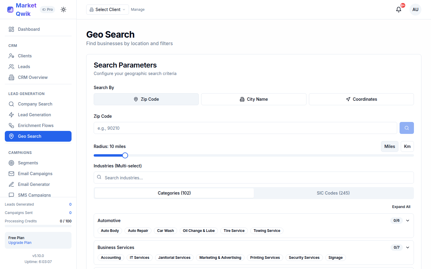 Geo Search with radius targeting and industry category filter